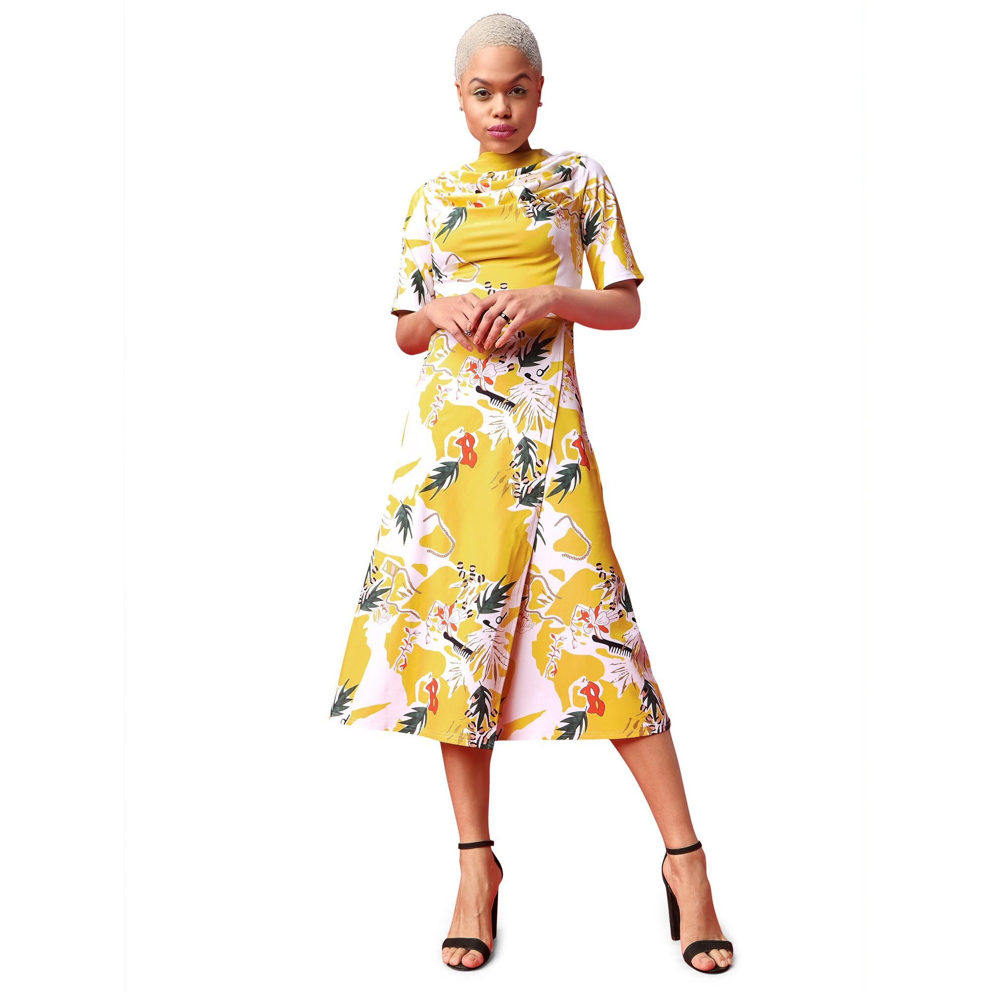 Purvaja Womens Front Silt Midi Length Dress (Wini-040-Mask_Yellow_Small)