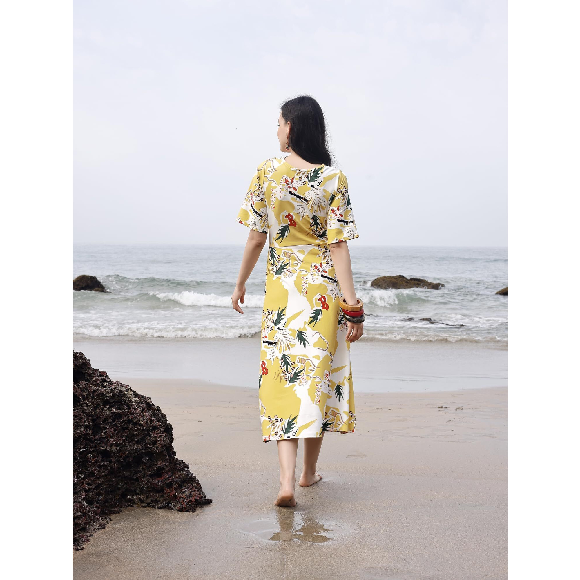 Purvaja Womens Front Silt Midi Length Dress (Wini-040-Mask_Yellow_Small)