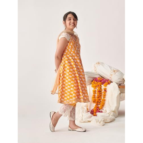 Pspeaches Girl's Cotton Regular Kurta Set (Ks-Orangeflower-12-13Y_Orange