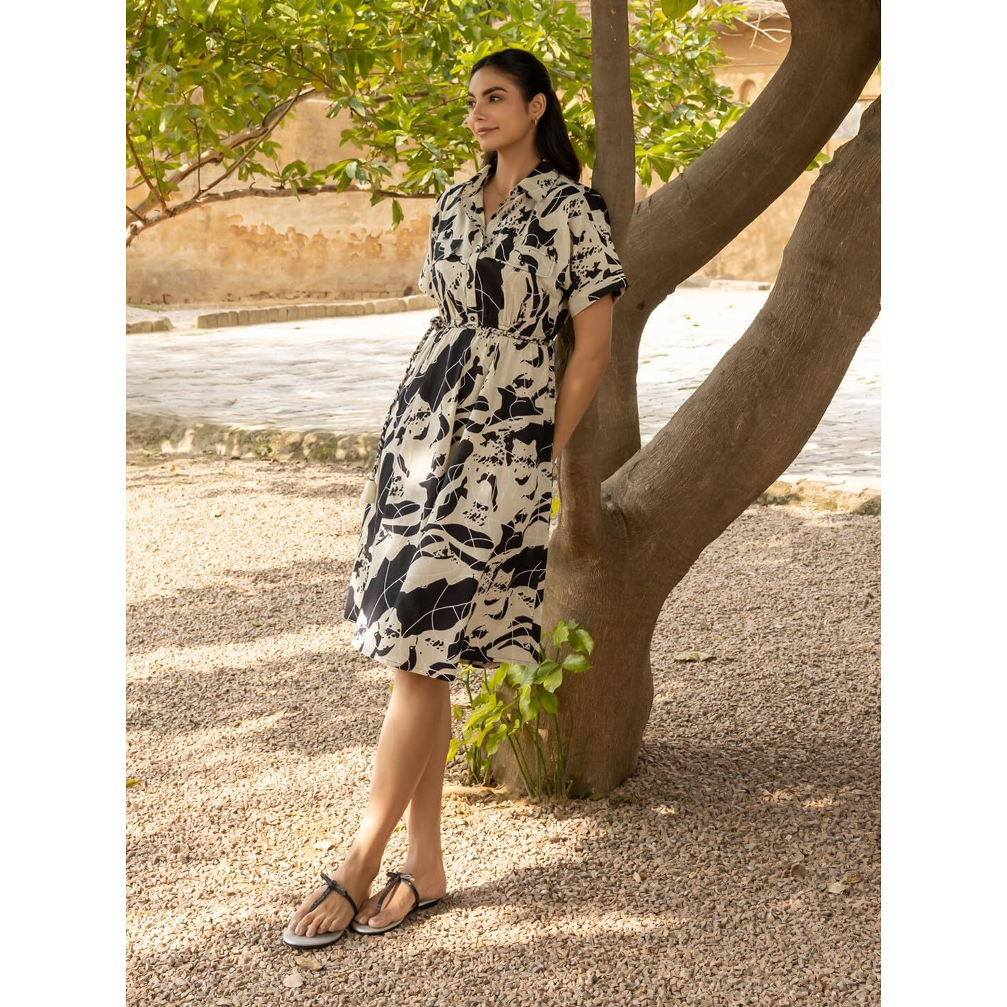 Fiorra Women's Black Abstract Print Cotton Midi Dress Dr0019