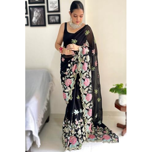 Flosive Women's Embroidered Bollywood Georgette Saree (Black.)