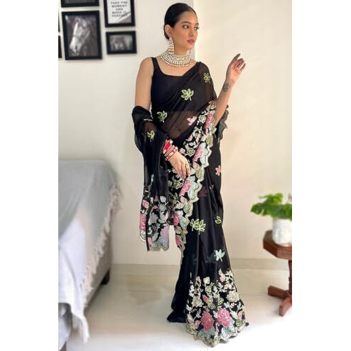 Flosive Women's Embroidered Bollywood Georgette Saree (Black.)