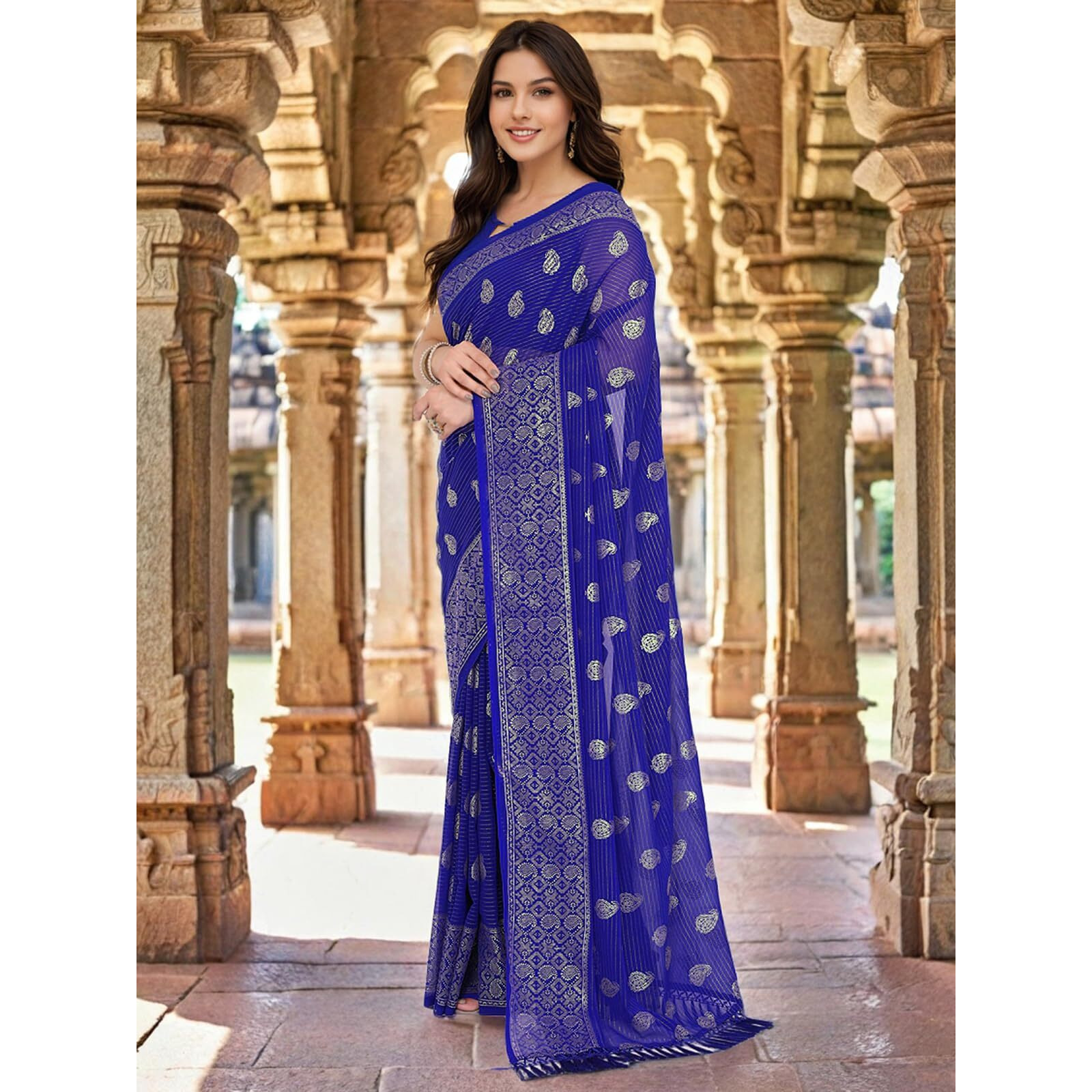 Satrani Women's Georgette Foil Printed Saree With Unstitched Blouse Piece (4635S794N_Blue)