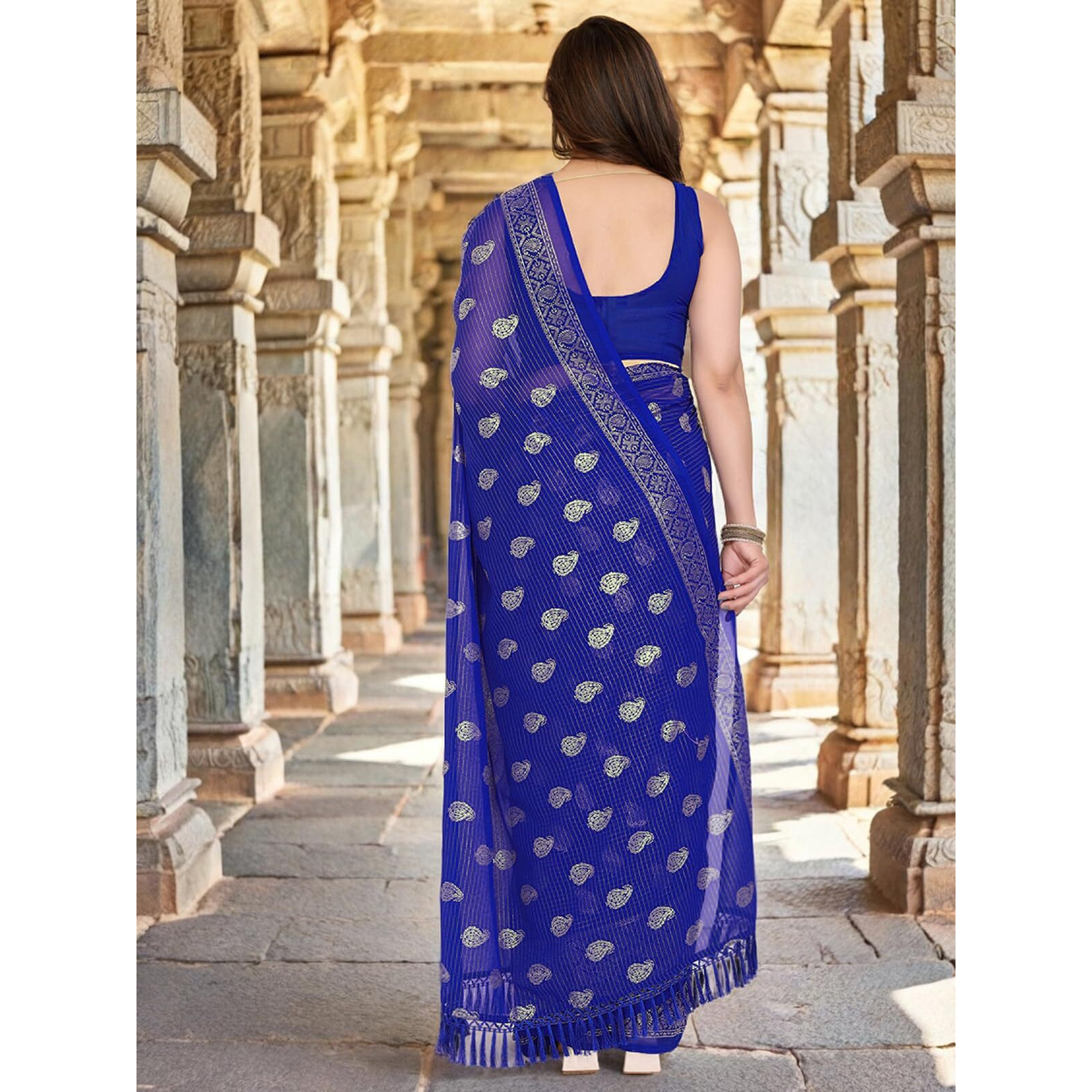 Satrani Women's Georgette Foil Printed Saree With Unstitched Blouse Piece (4635S794N_Blue)