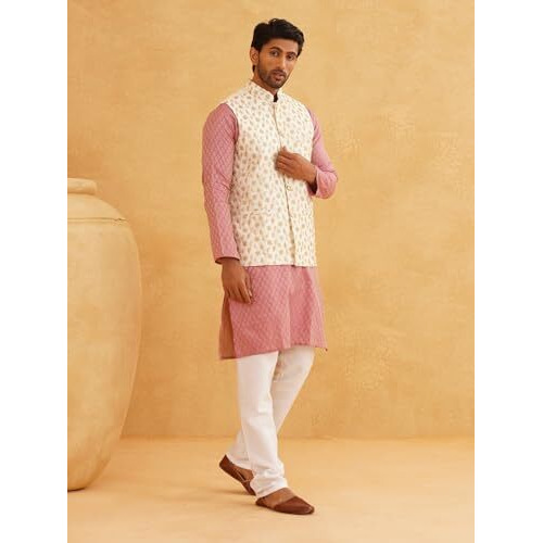 Sojanya (Since 1958 Men's Pink Woven Design Silk Blend Kurta With Pyjama & Cream Nehru Jacket