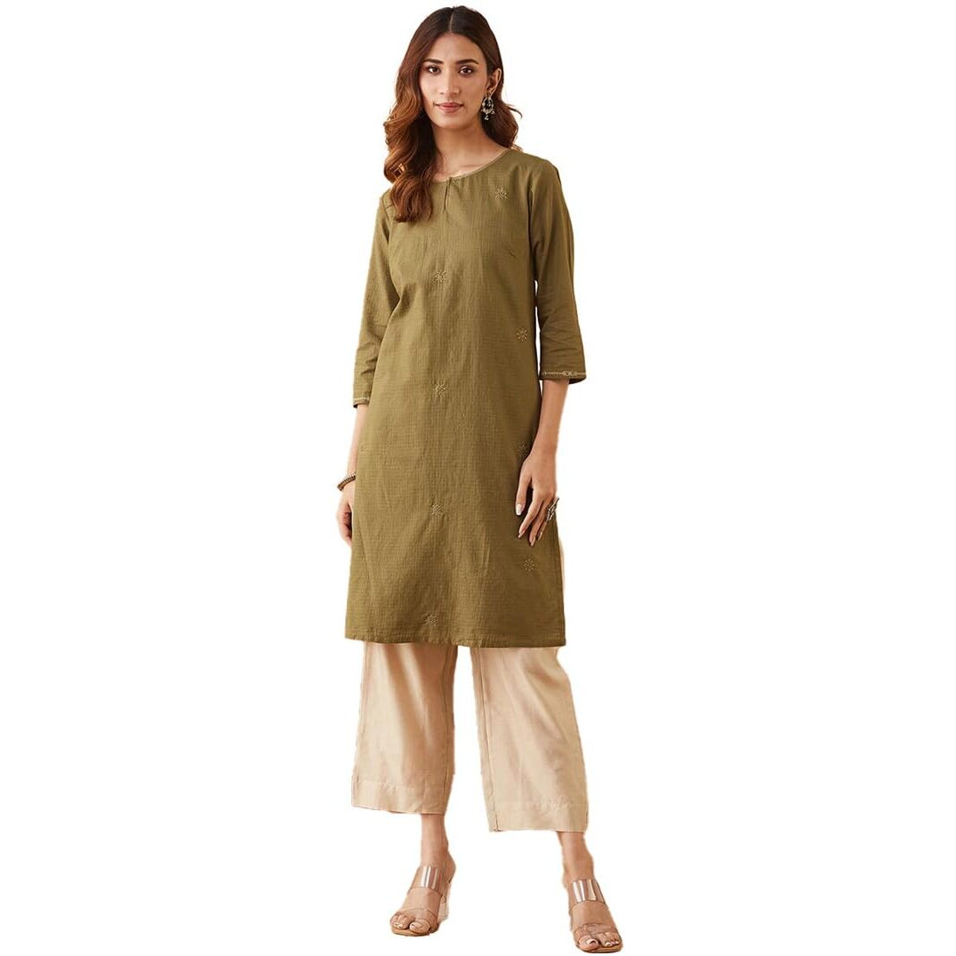 Fabindia Women's Cotton Embroidered Regular Fit Kurta (1039126Olive_Olive