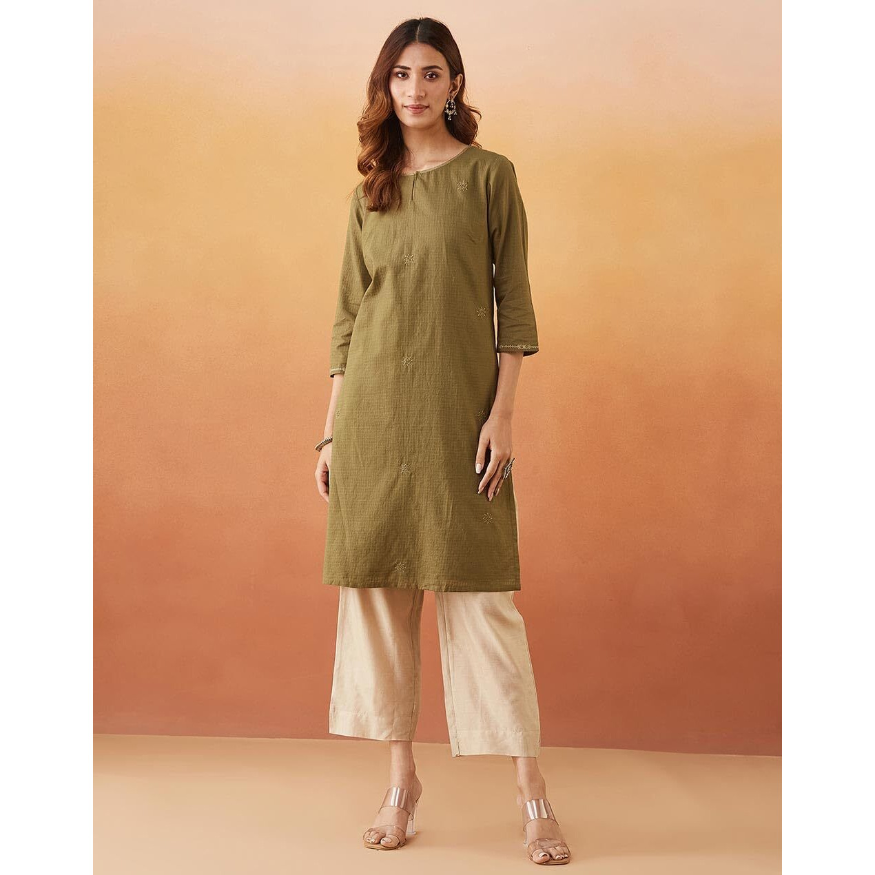 Fabindia Women's Cotton Embroidered Regular Fit Kurta (1039126Olive_Olive
