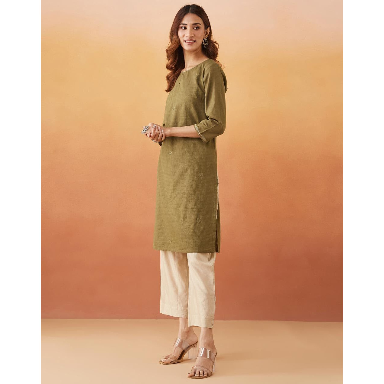 Fabindia Women's Cotton Embroidered Regular Fit Kurta (1039126Olive_Olive