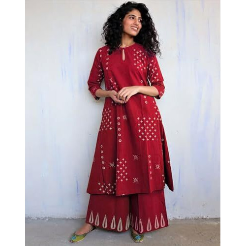 Gosriki Women's Rayon Viscose A-Line Printed Kurta With Palazzo (Chaurya Red-Vks01-Gs_Xl_Red_X-Large)