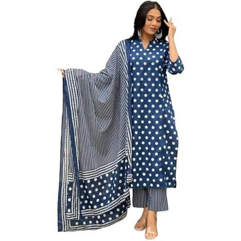 Anni Designer Women's Cotton Blend Straight Printed Kurta With Pant & Dupatta (Lotoji Blue_M_Blue_Medium)