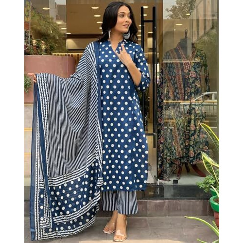 Anni Designer Women's Cotton Blend Straight Printed Kurta With Pant & Dupatta (Lotoji Blue_M_Blue_Medium)