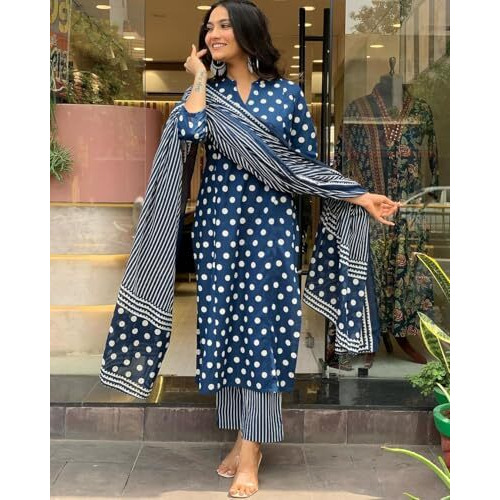 Anni Designer Women's Cotton Blend Straight Printed Kurta With Pant & Dupatta (Lotoji Blue_M_Blue_Medium)