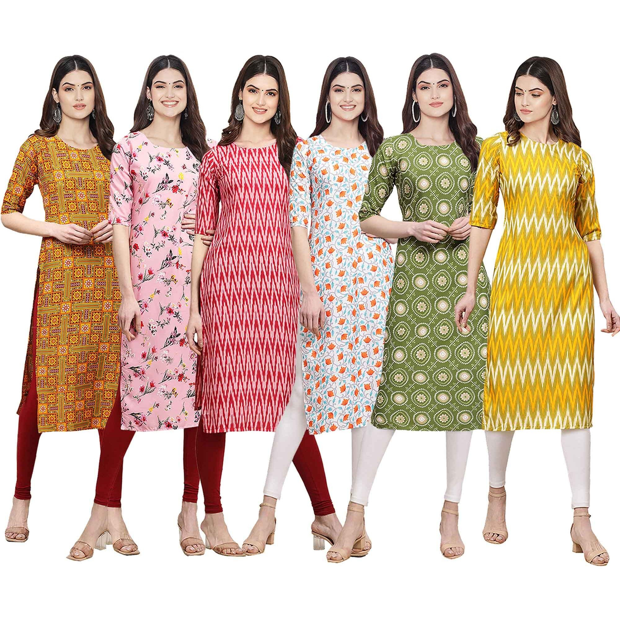 Pinkmint Women's Crepe Digital Print Straight Kurta [Pack Of 6] (Cke-333-339-328-334-338-329-L)
