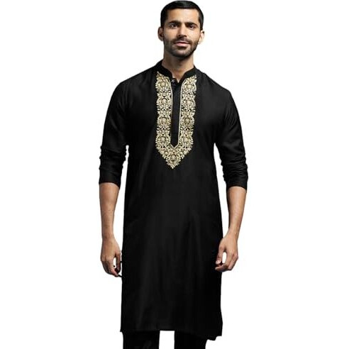 Vastramay Men's Black Viscose Kurta | Viscose Embroidered Kurta For Men