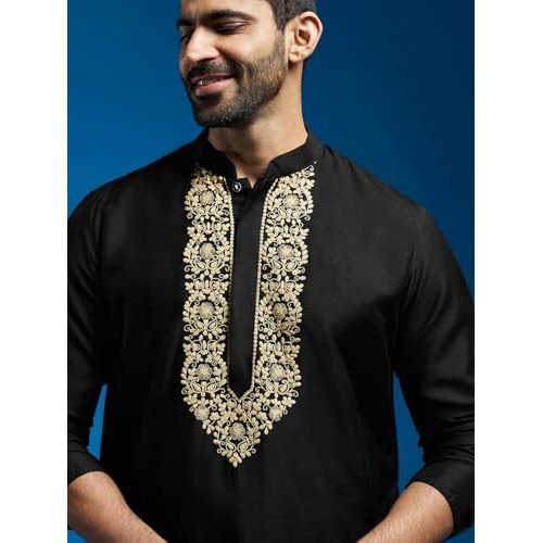 Vastramay Men's Black Viscose Kurta | Viscose Embroidered Kurta For Men