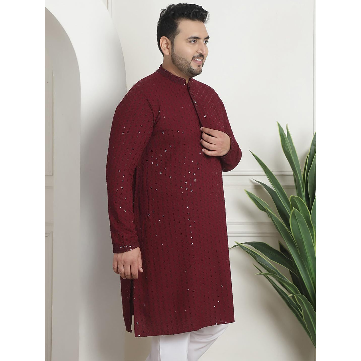 Sojanya Plus (Since 1958) Men's Cotton Sequinned Embroidered Wine Long Kurta