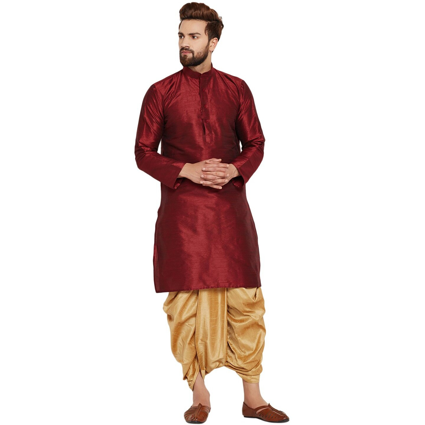 Sojanya (Since 1958 Men's Maroon And Gold Dupion Silk Dhoti Kurta Set