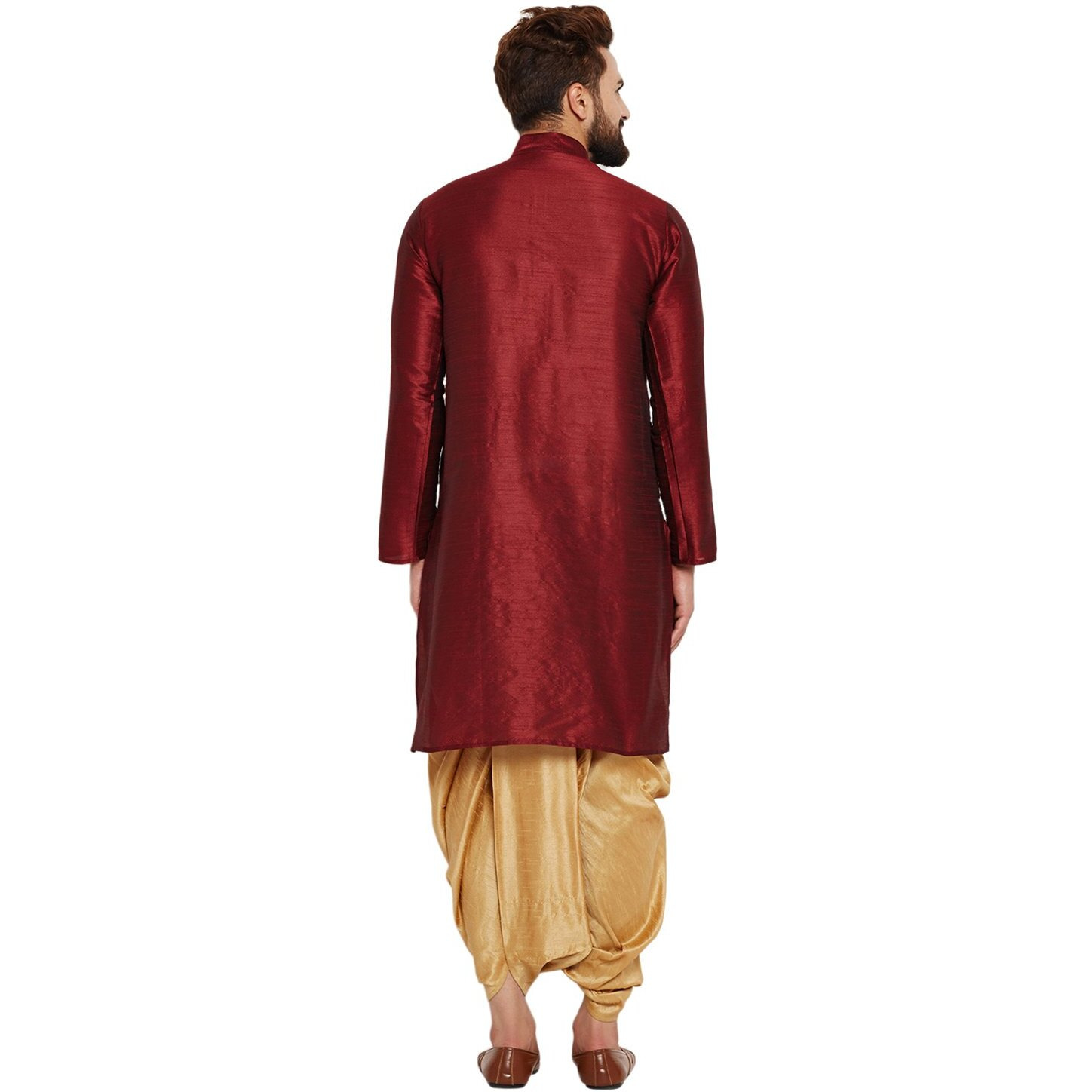 Sojanya (Since 1958 Men's Maroon And Gold Dupion Silk Dhoti Kurta Set