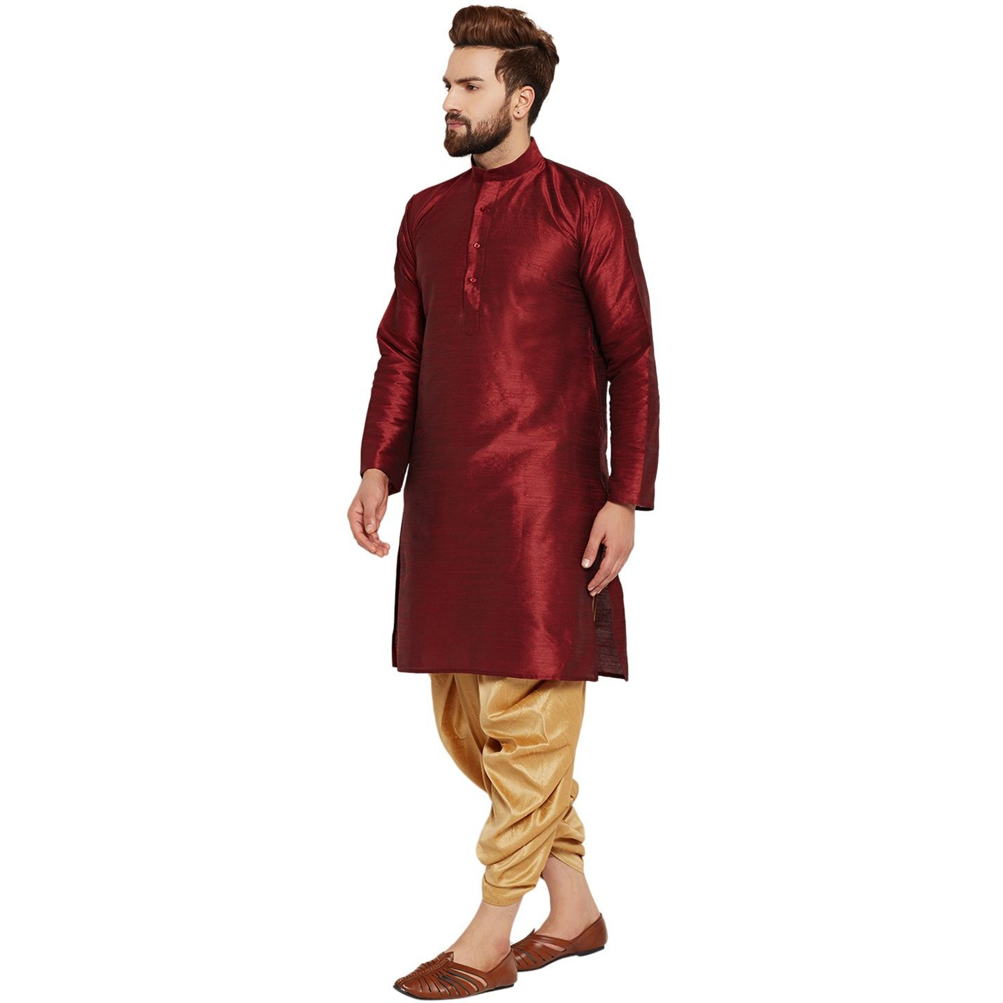 Sojanya (Since 1958 Men's Maroon And Gold Dupion Silk Dhoti Kurta Set