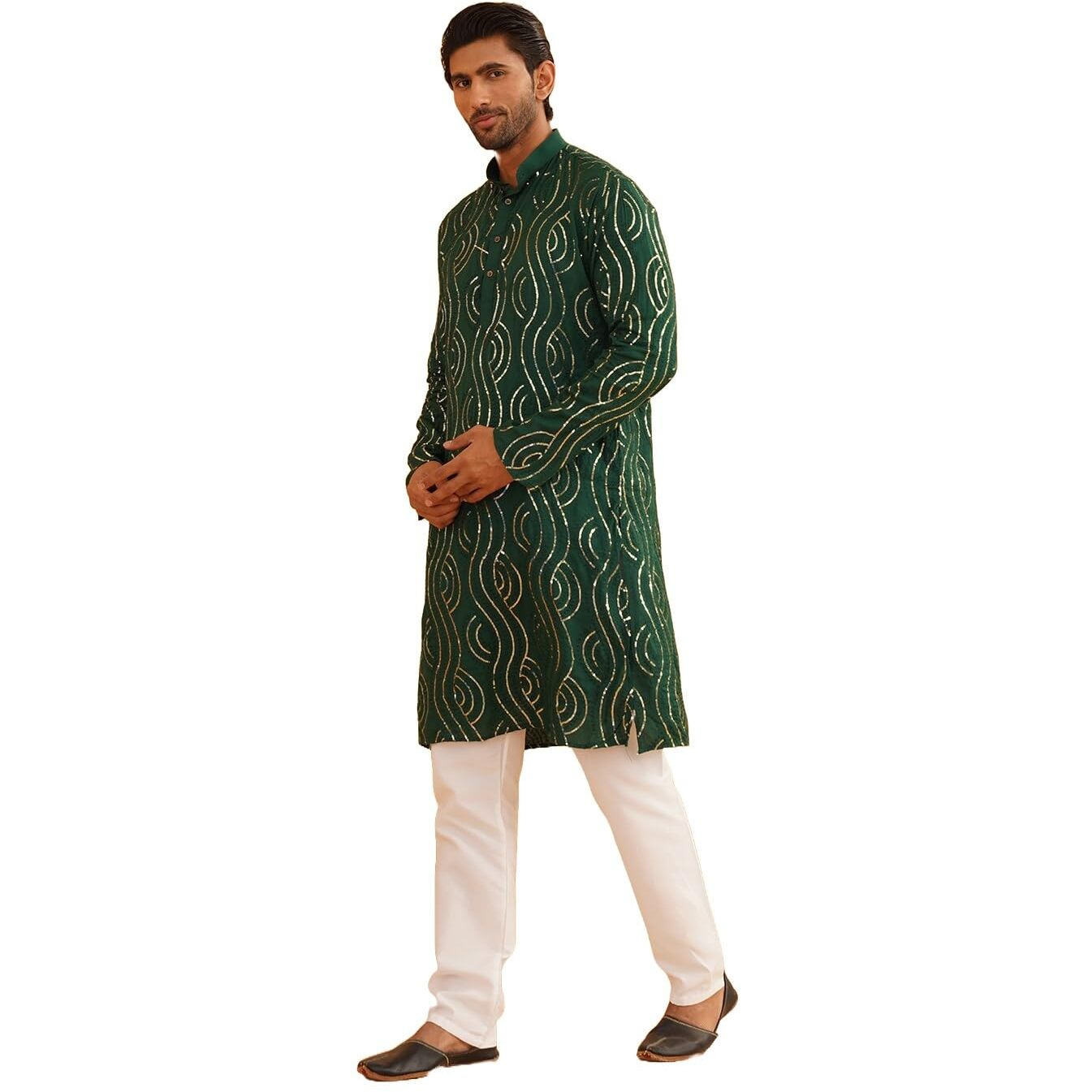 Sojanya (Since 1958 Men's Embroidered Sequinned Cotton Dark Green Kurta With Churidar Pyjama Set
