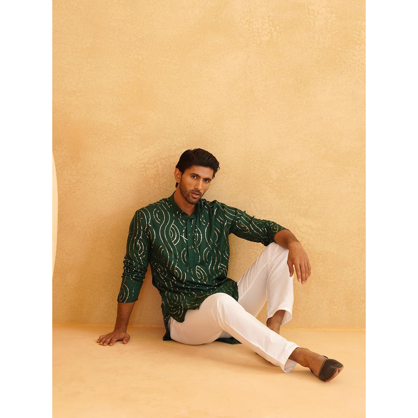 Sojanya (Since 1958 Men's Embroidered Sequinned Cotton Dark Green Kurta With Churidar Pyjama Set