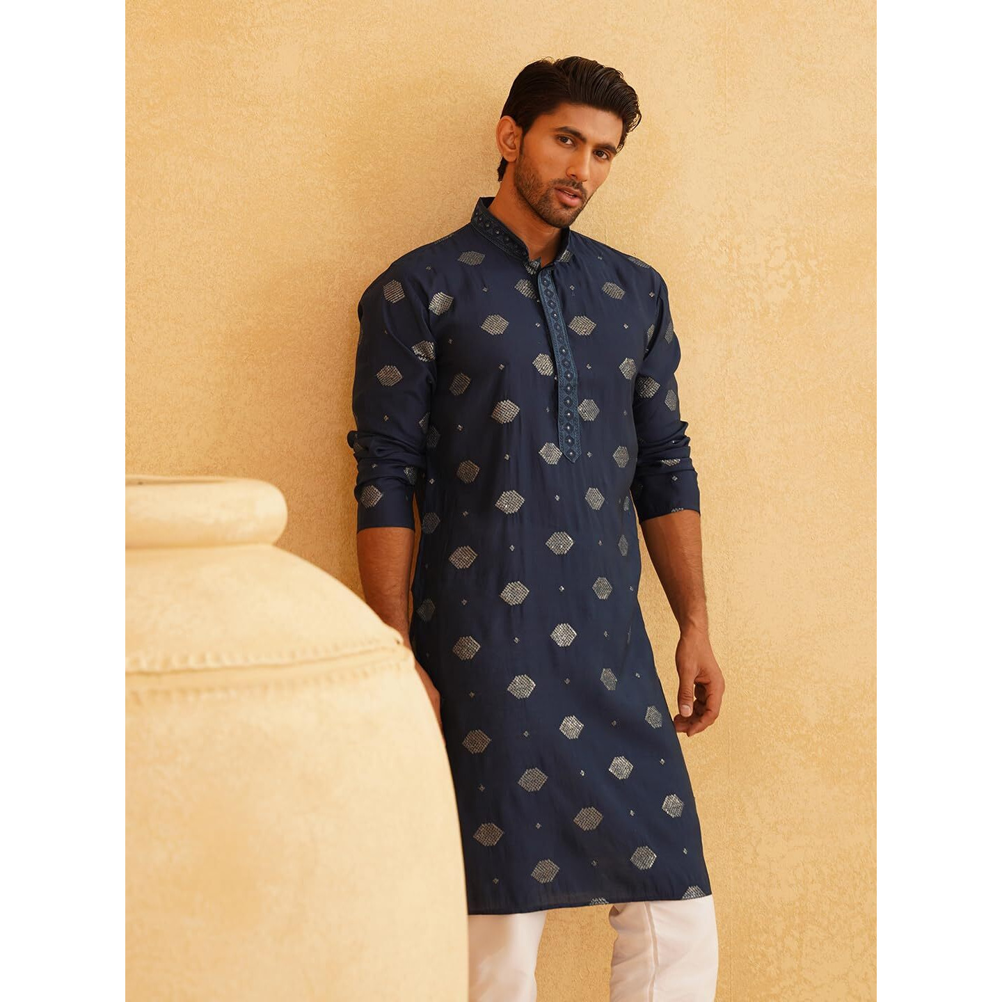 Sojanya (Since 1958 Men's Cotton Silk Sequinned Embroidered Navy Long Kurta