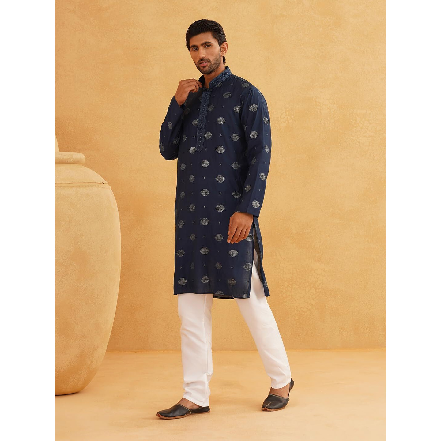 Sojanya (Since 1958 Men's Cotton Silk Sequinned Embroidered Navy Long Kurta