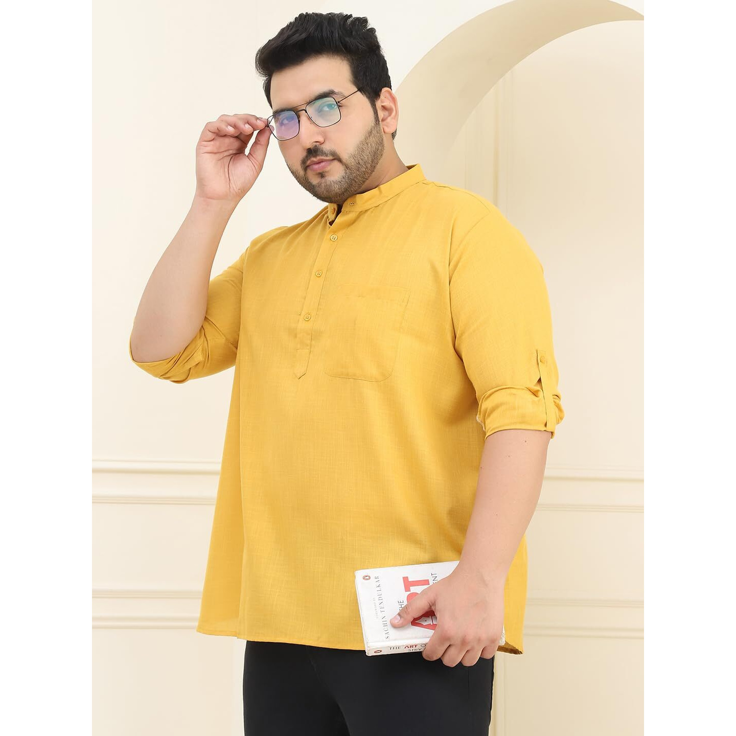 Sojanya Plus(Since 1958), Men's Cotton Mustard Short Kurta