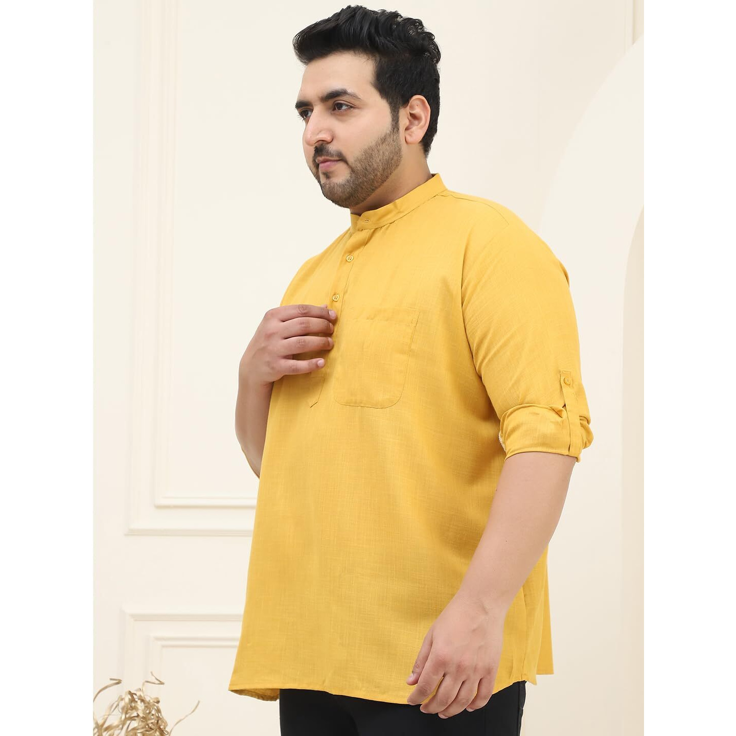 Sojanya Plus(Since 1958), Men's Cotton Mustard Short Kurta