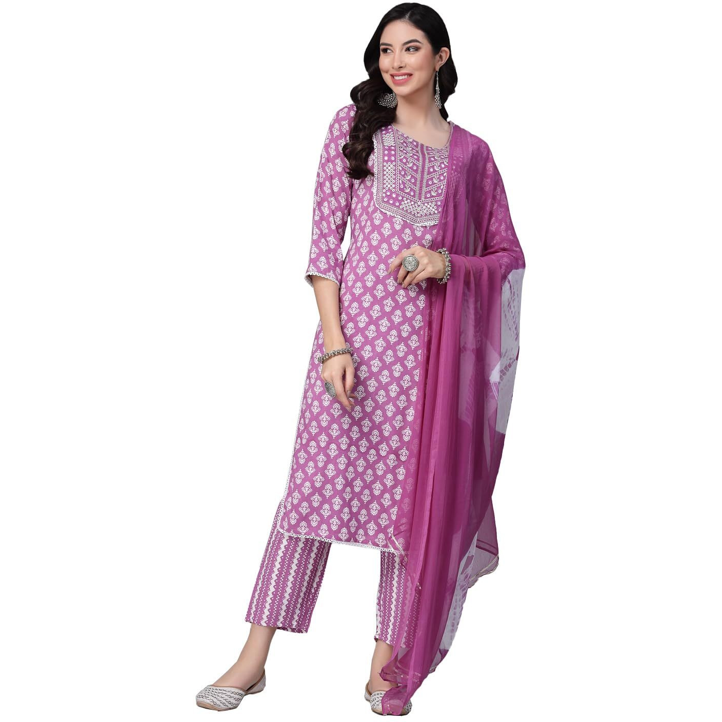 Stylum Women Printed & Embroidered Rayon Kurta Pant Dupatta Set (Kpdira36_Purple, S)