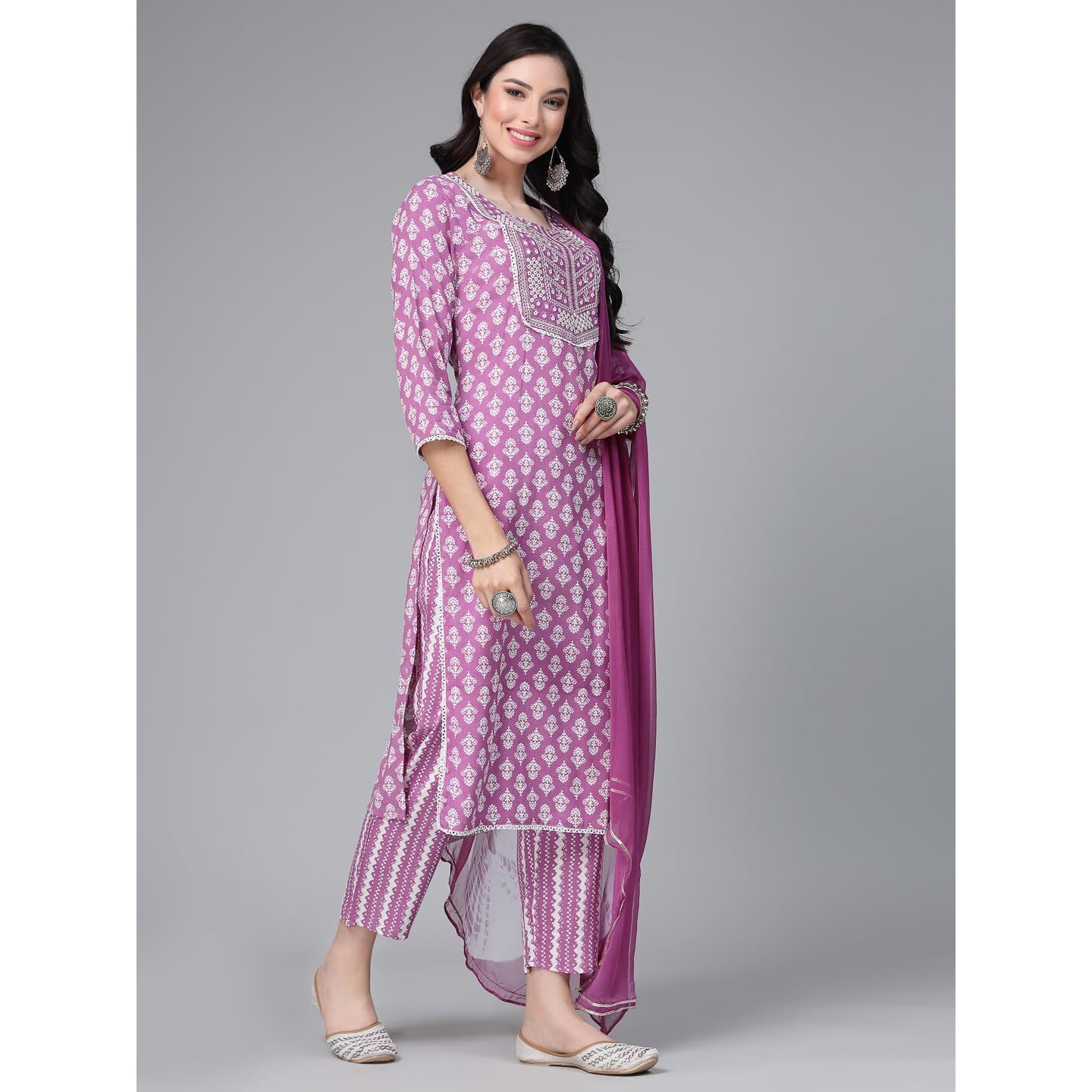 Stylum Women Printed & Embroidered Rayon Kurta Pant Dupatta Set (Kpdira36_Purple, S)