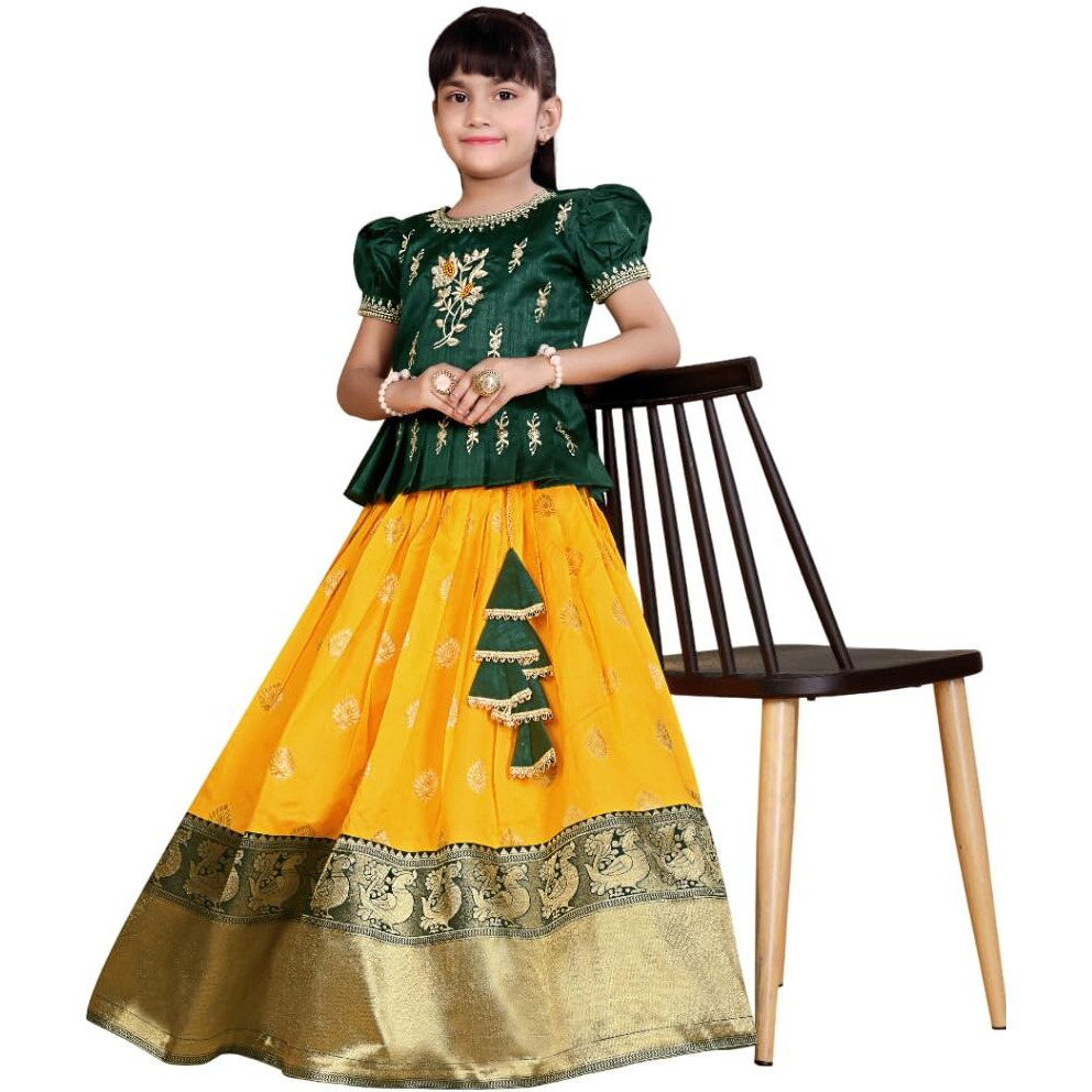 White Button New South Indian Traditional Pattu Pavadai Jecquard Lehenga Choli For Girls Dress