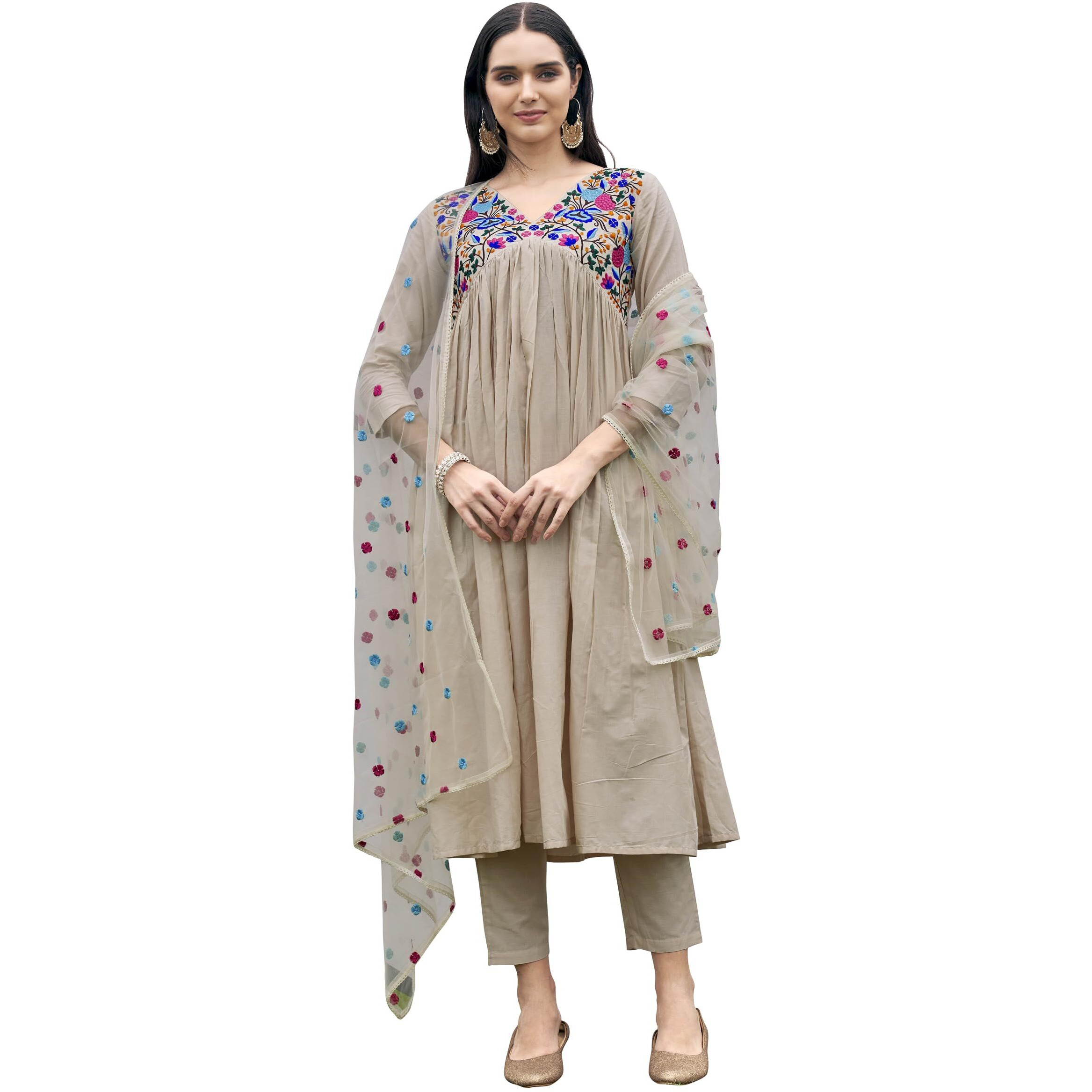 Womanista Women's Lavender Color Pure Cotton Parsi Embroidered Flared Kurta Set(Kurtaset_1364_L)