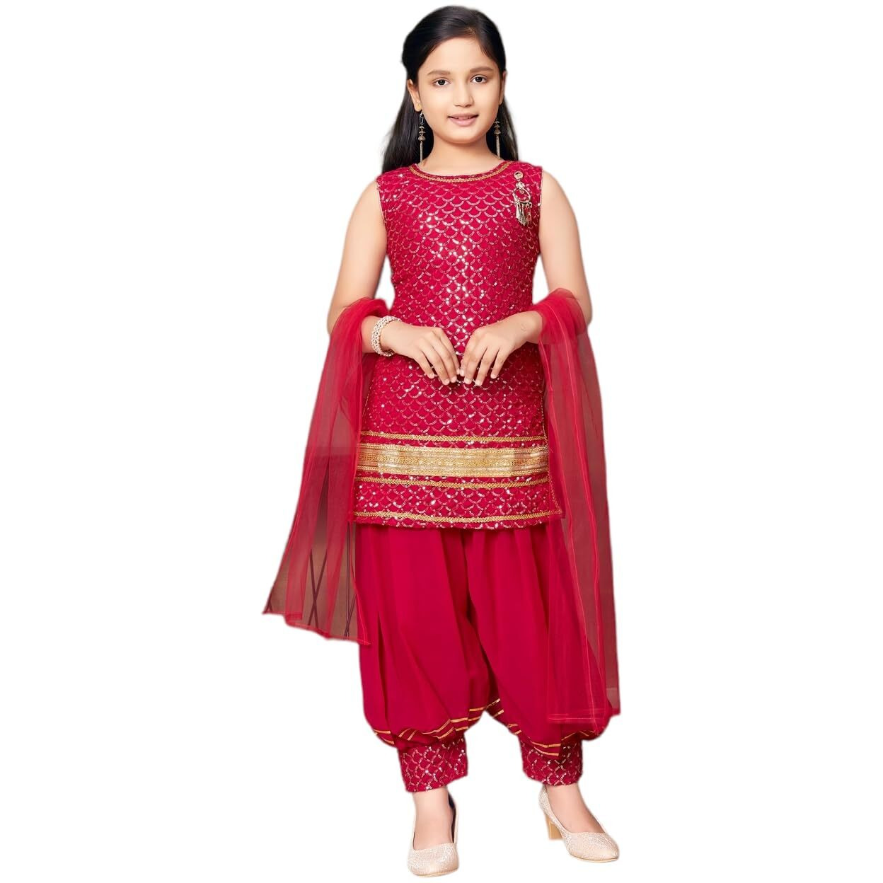 Aarika Girls Ethnic Wear Rani Colour Sequin Embroidery Lace Work Georgette Kurti Patiala Set (4-10 Years)