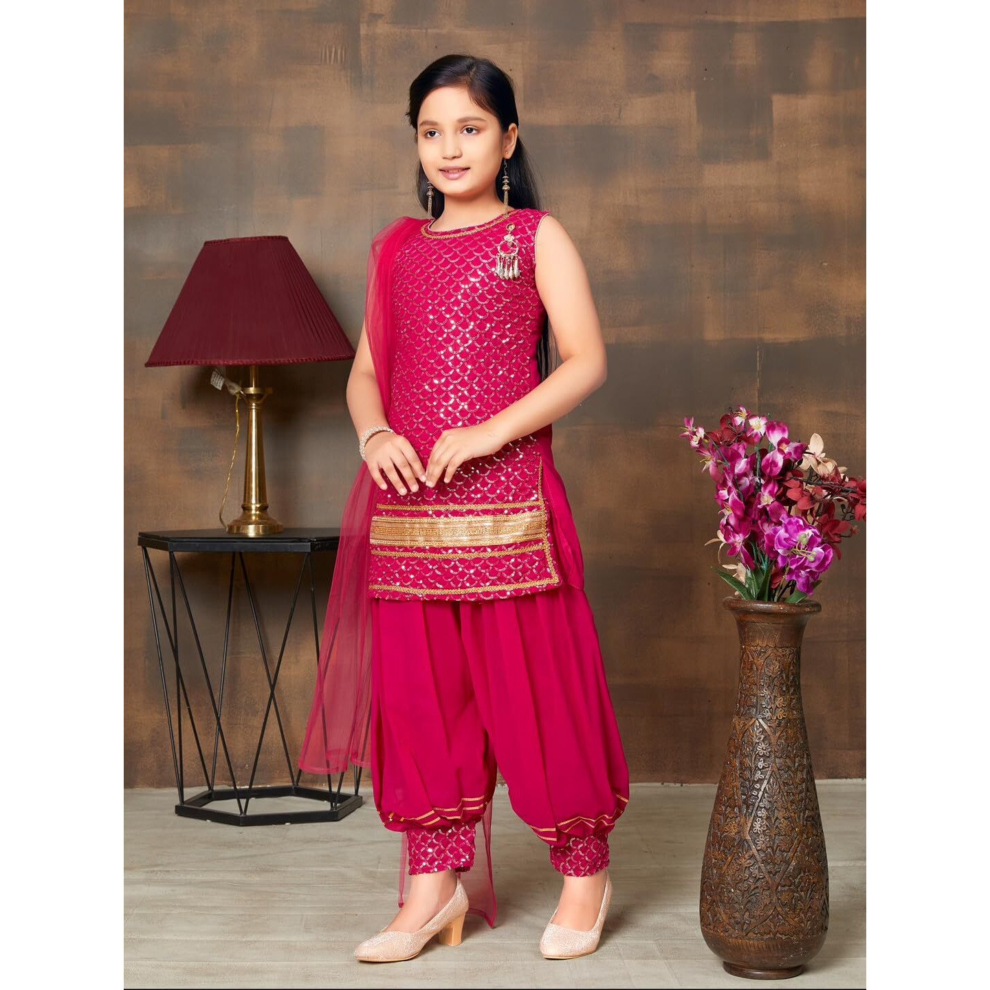 Aarika Girls Ethnic Wear Rani Colour Sequin Embroidery Lace Work Georgette Kurti Patiala Set (4-10 Years)