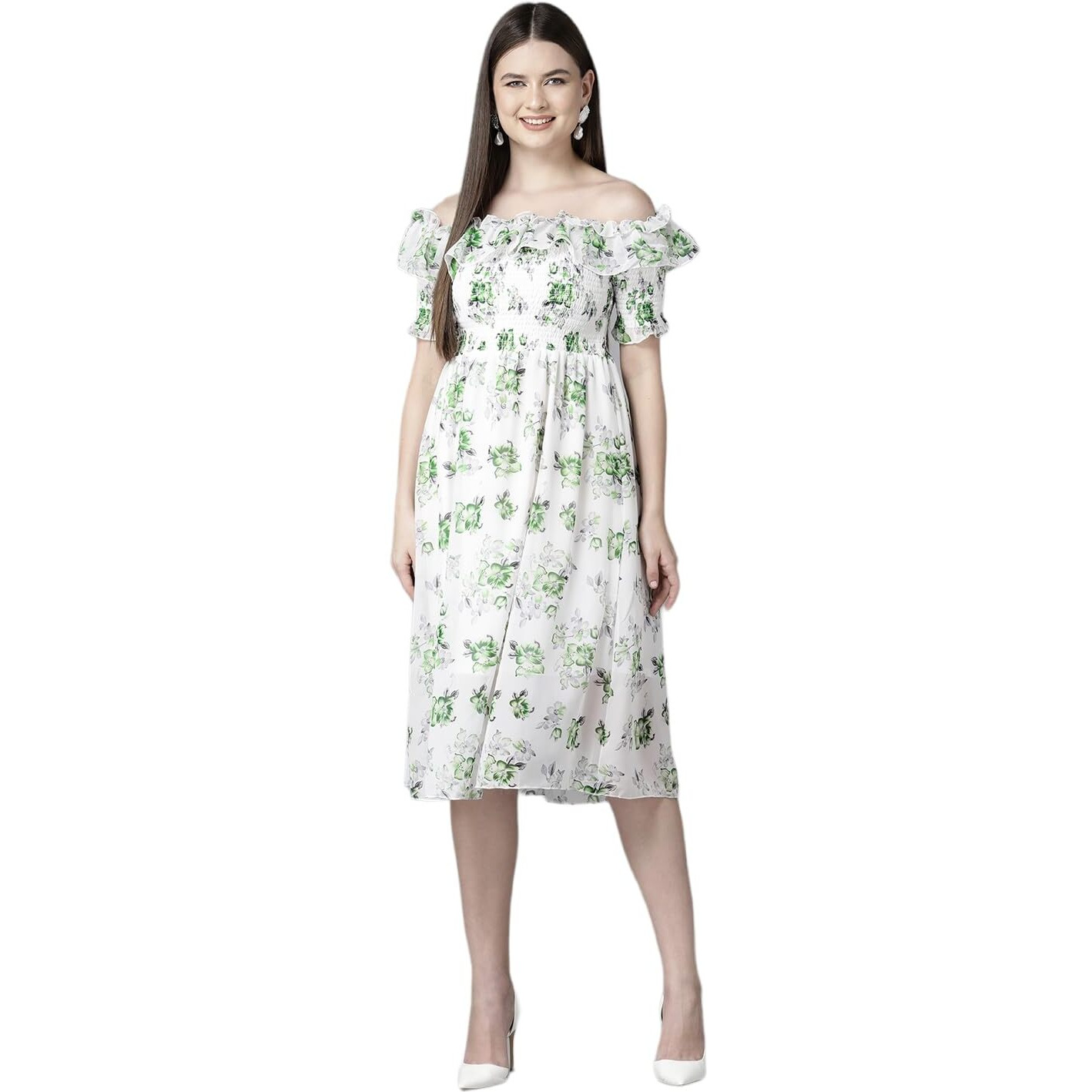 Aarika Womens White-Green Colour Georgette Floral Print Middi (Md-W-083-White-Green-M)