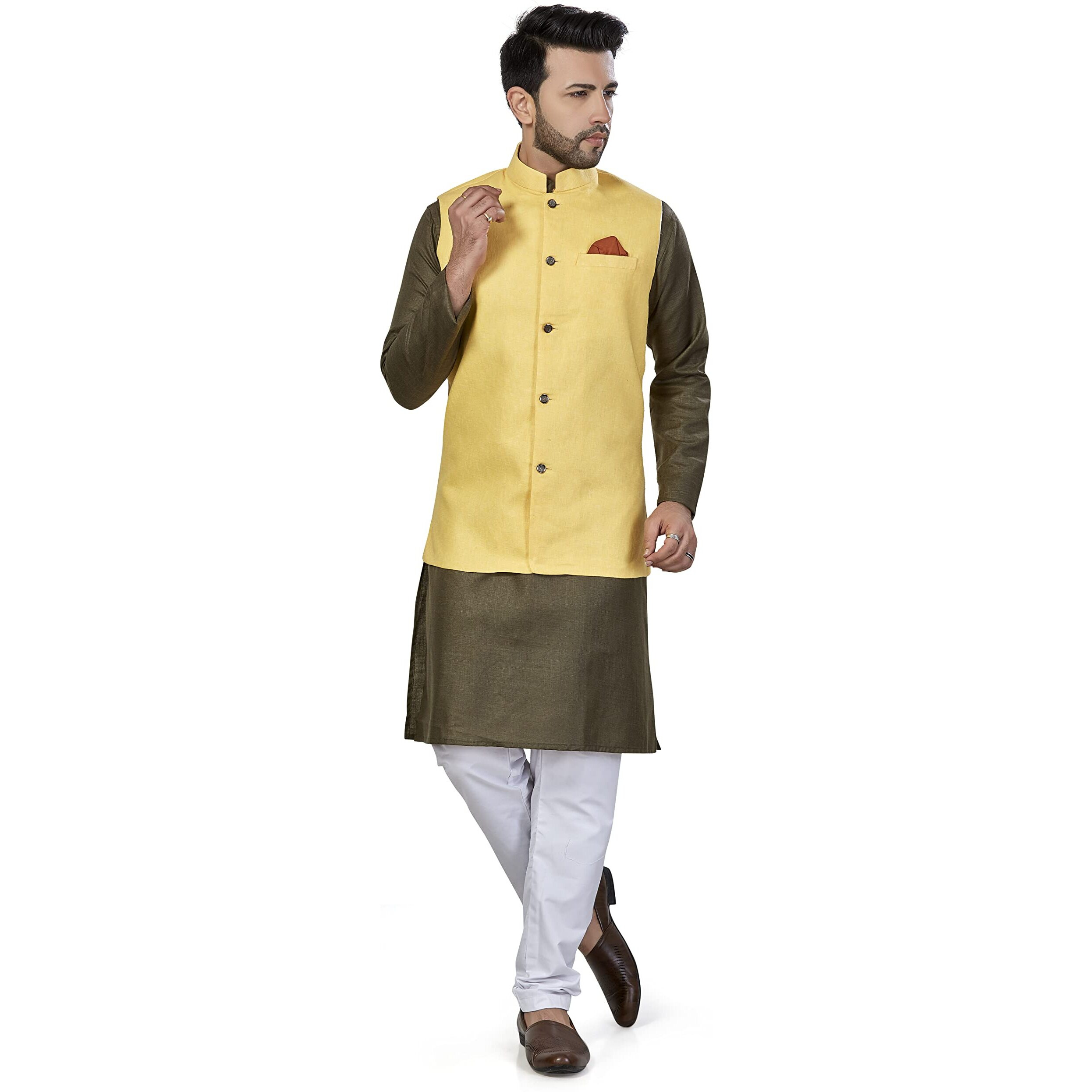 Be Active Men's Solid Linen Blend Kurta Pyjama 3 Piece Set || Men Kurta Pajama With Modi Jacket || Kurta Pajama Nehru Jacket For Men (Rfset0004-4-S)