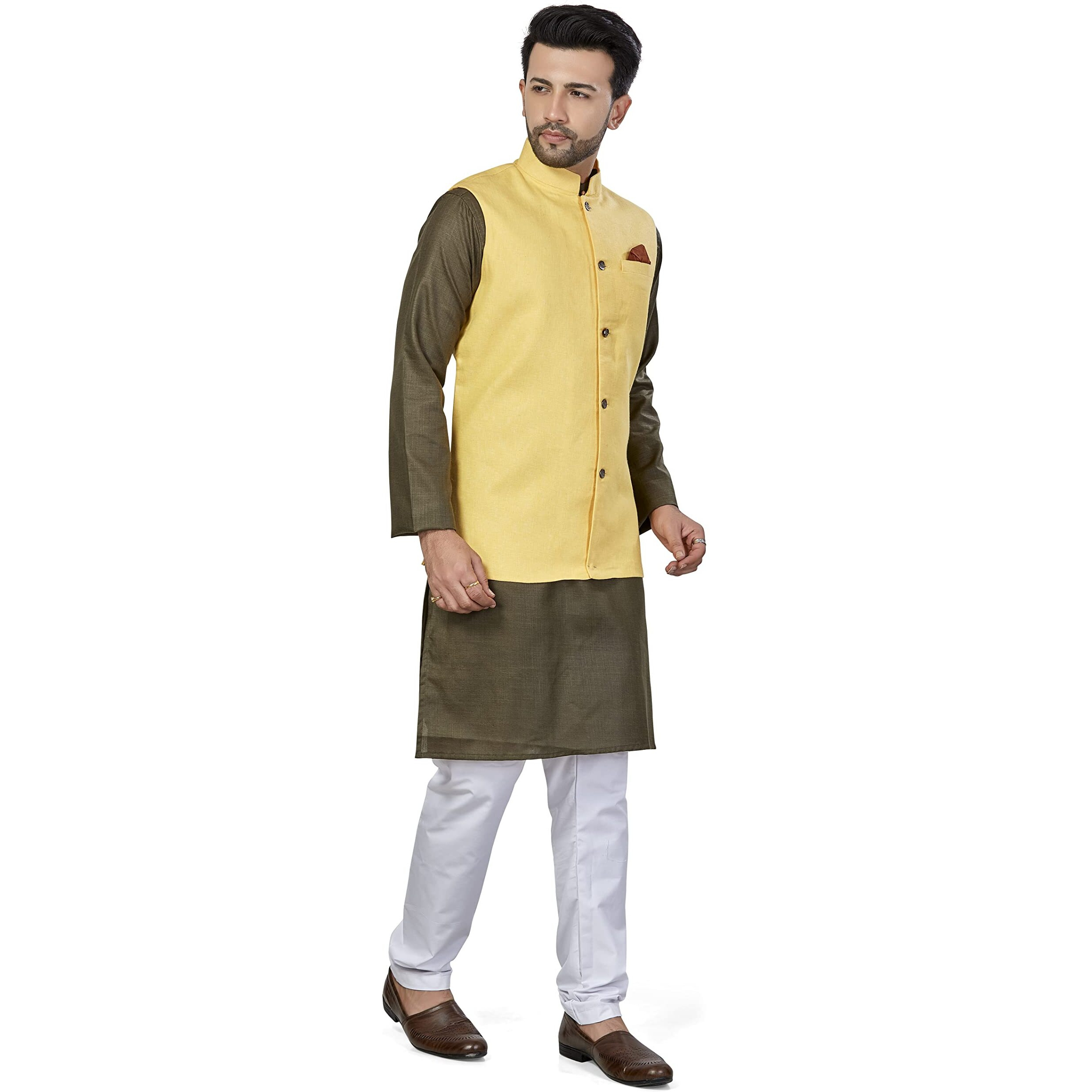 Be Active Men's Solid Linen Blend Kurta Pyjama 3 Piece Set || Men Kurta Pajama With Modi Jacket || Kurta Pajama Nehru Jacket For Men (Rfset0004-4-S)