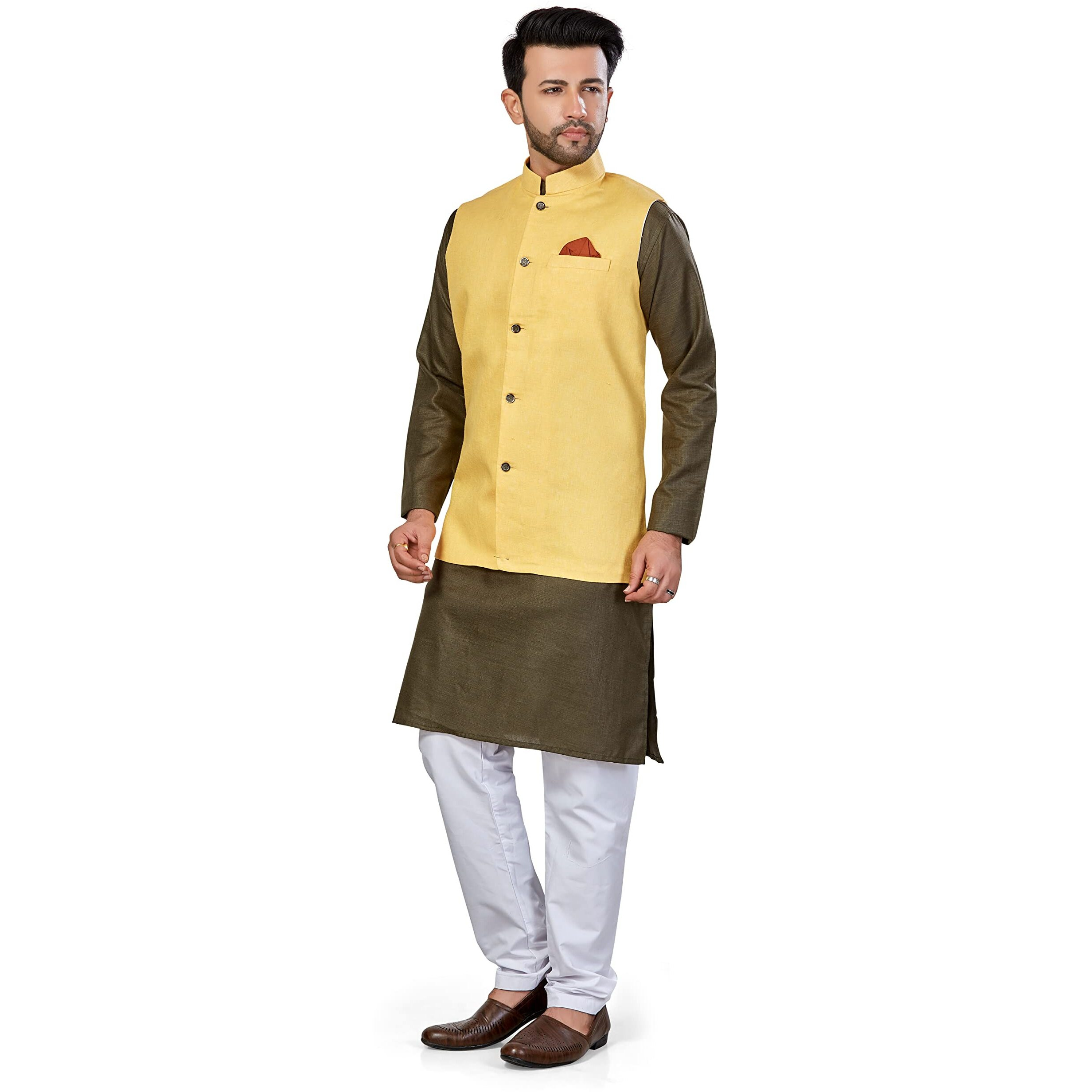 Be Active Men's Solid Linen Blend Kurta Pyjama 3 Piece Set || Men Kurta Pajama With Modi Jacket || Kurta Pajama Nehru Jacket For Men (Rfset0004-4-S)