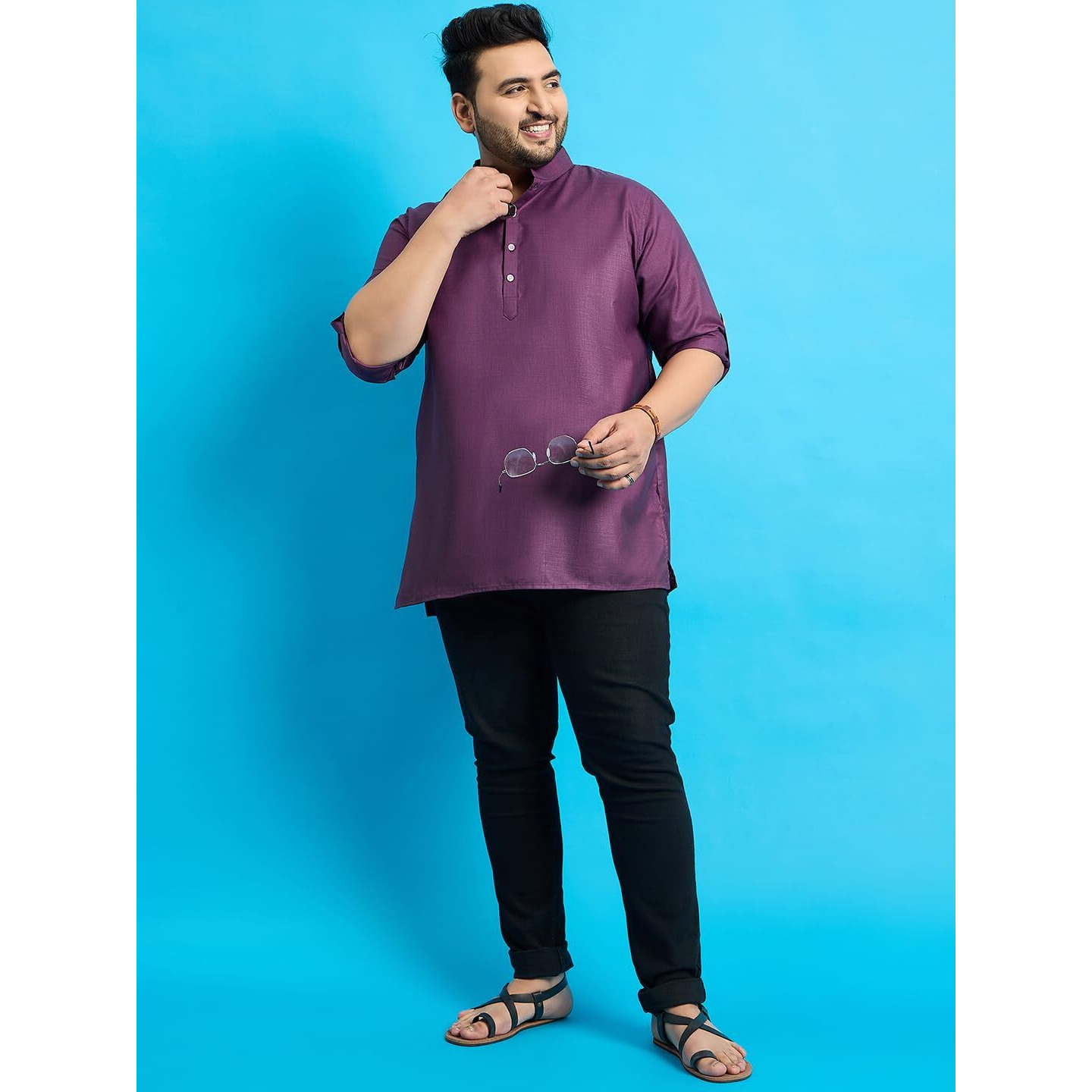 Bigbanana Plus Size Men's Regular Fit Solid Short Kurta (Pollan-Purple,Purple,2Xl)