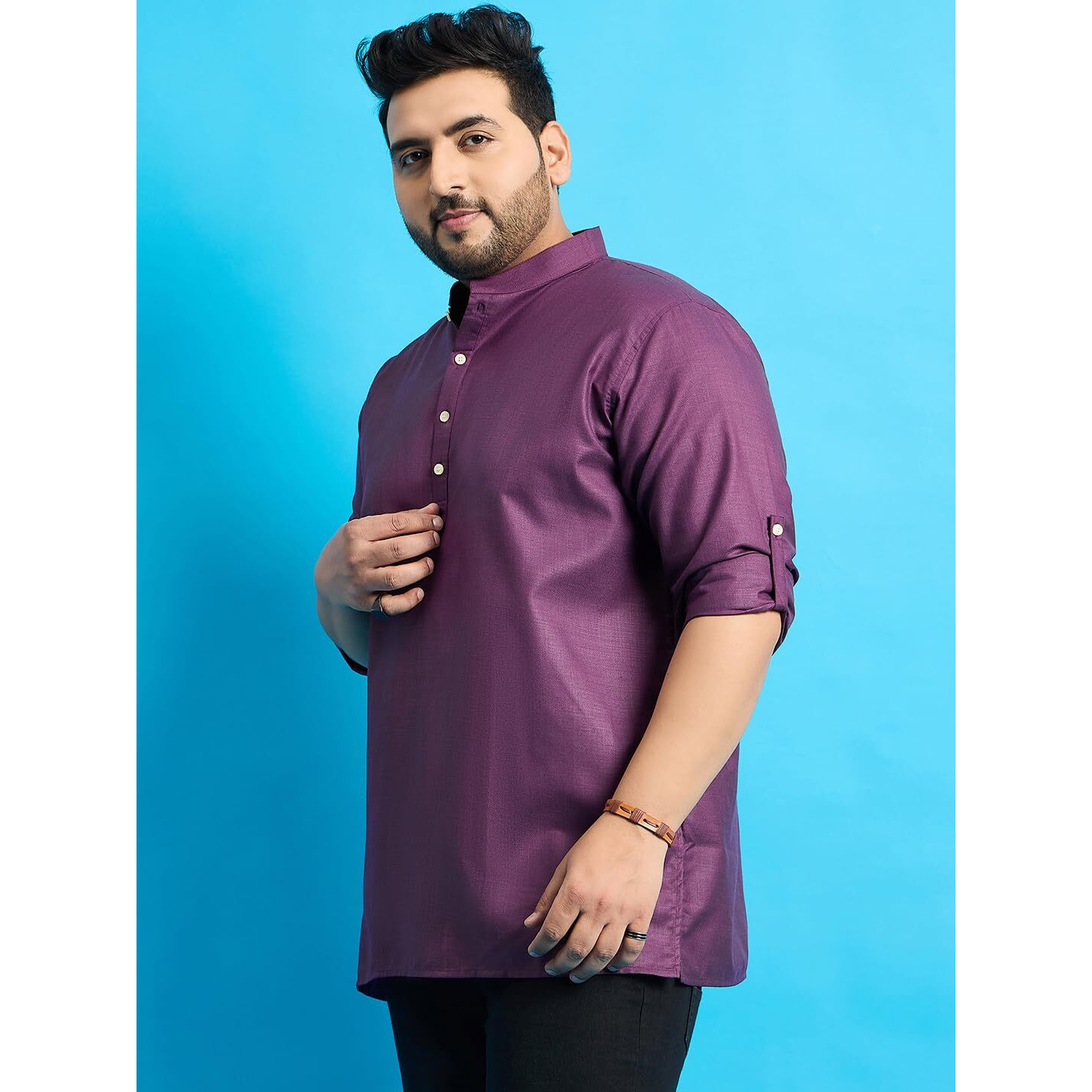 Bigbanana Plus Size Men's Regular Fit Solid Short Kurta (Pollan-Purple,Purple,2Xl)