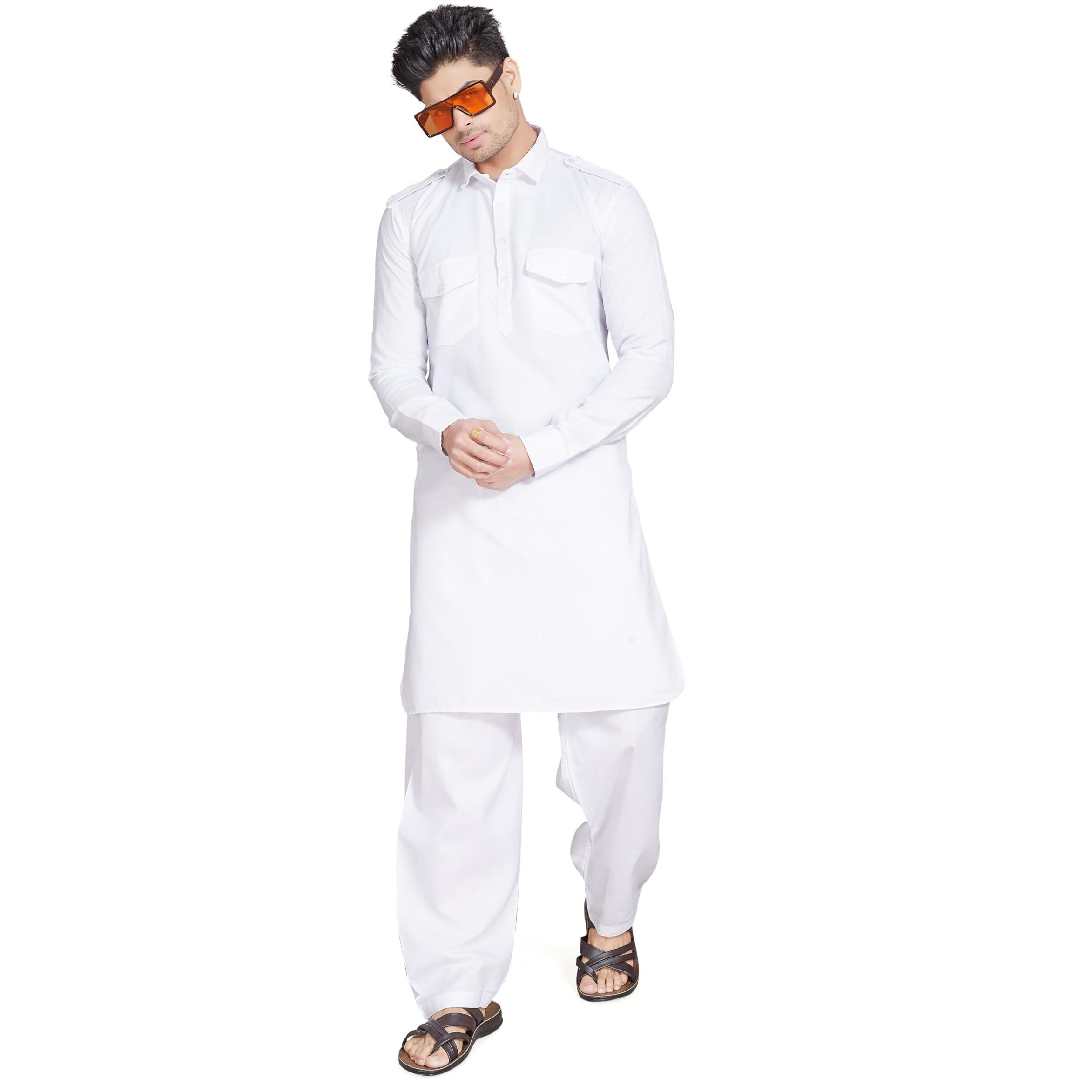 Divisive Men's Cotton Blend Pathani Kurta Pyjama Set (Dkrt451_S_White)