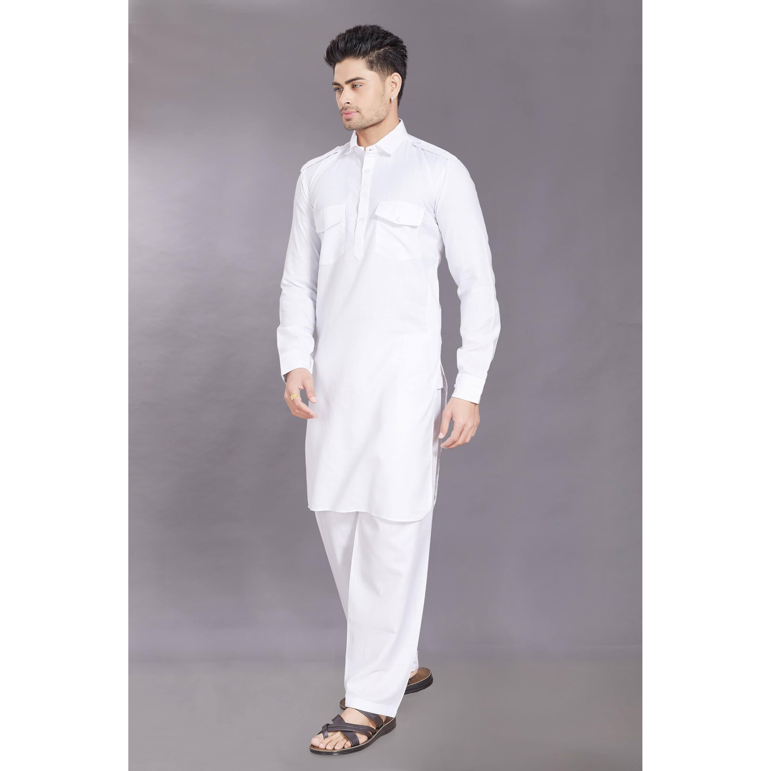 Divisive Men's Cotton Blend Pathani Kurta Pyjama Set (Dkrt451_S_White)