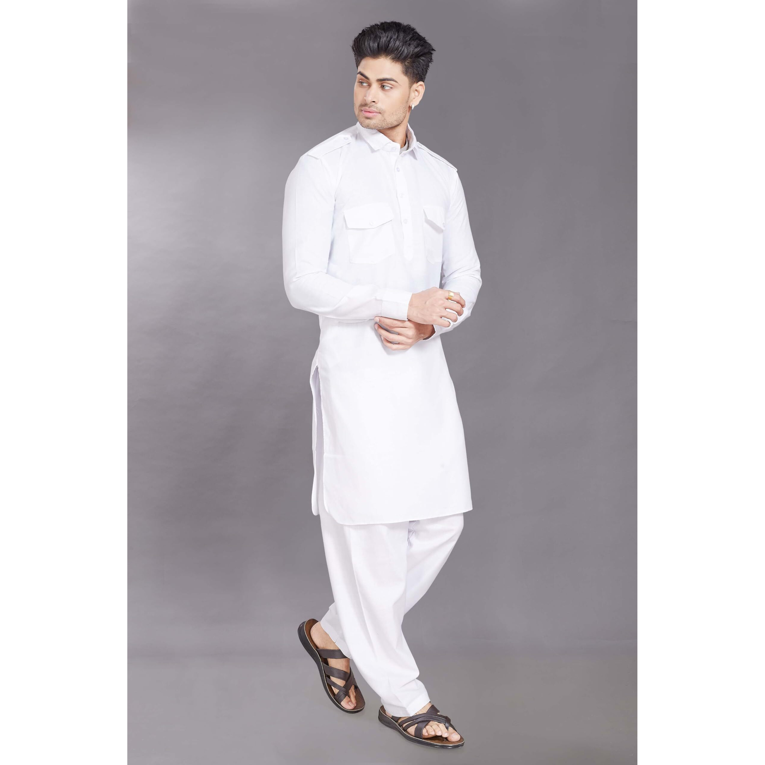 Divisive Men's Cotton Blend Pathani Kurta Pyjama Set (Dkrt451_S_White)