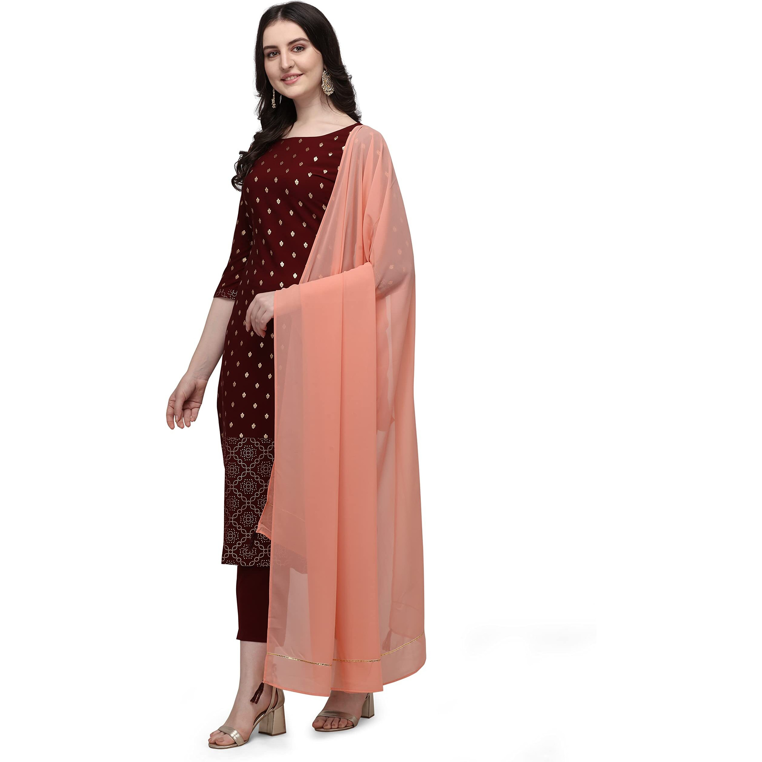 Fiorra Women's Maroon Poly Crepe Straight Kurta With Pant And Dupatta Set0031-2Xl