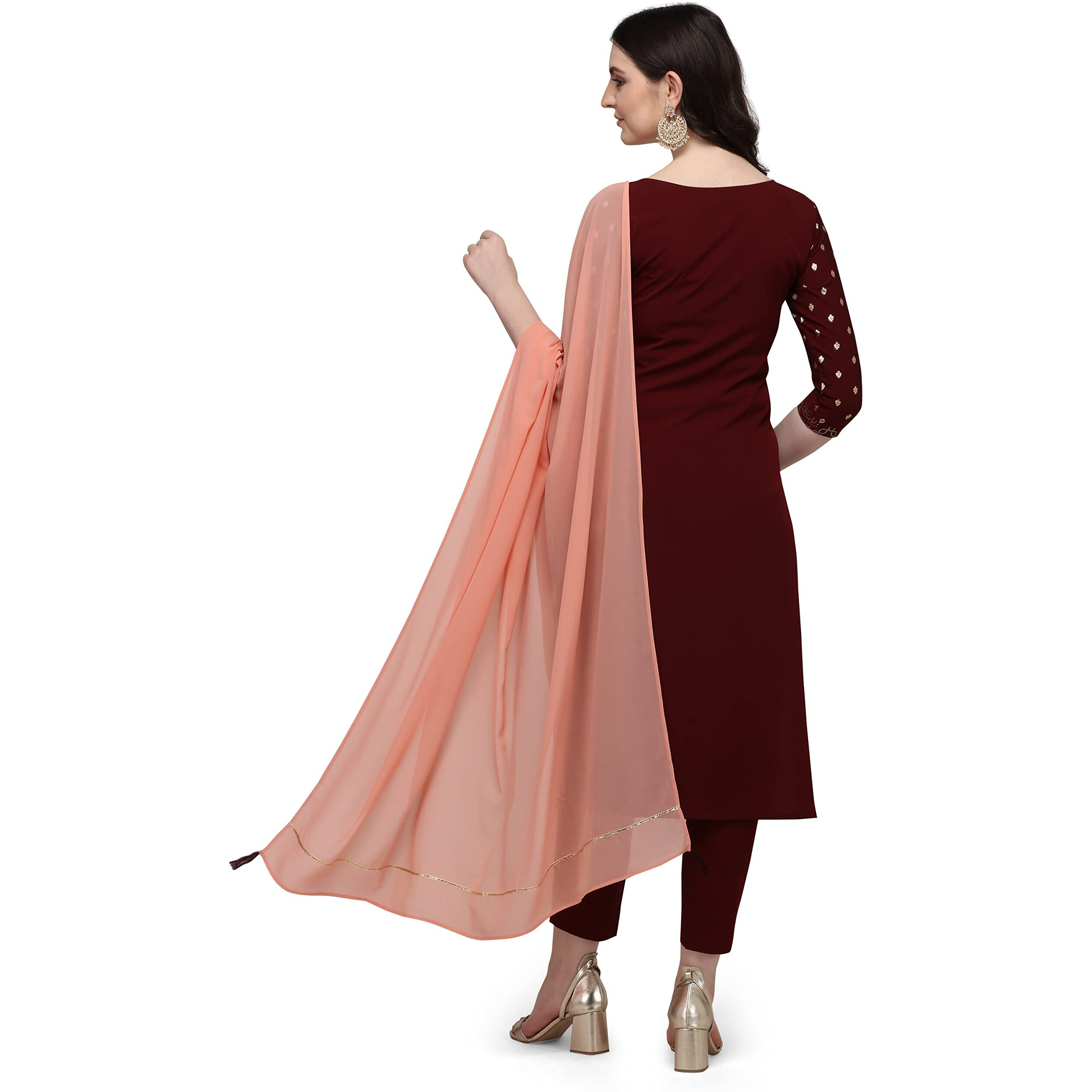 Fiorra Women's Maroon Poly Crepe Straight Kurta With Pant And Dupatta Set0031-2Xl