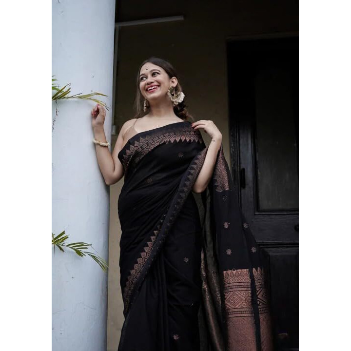 Flosive Black & Gold Zari Woven Kanjivaram Saree With Blouse.