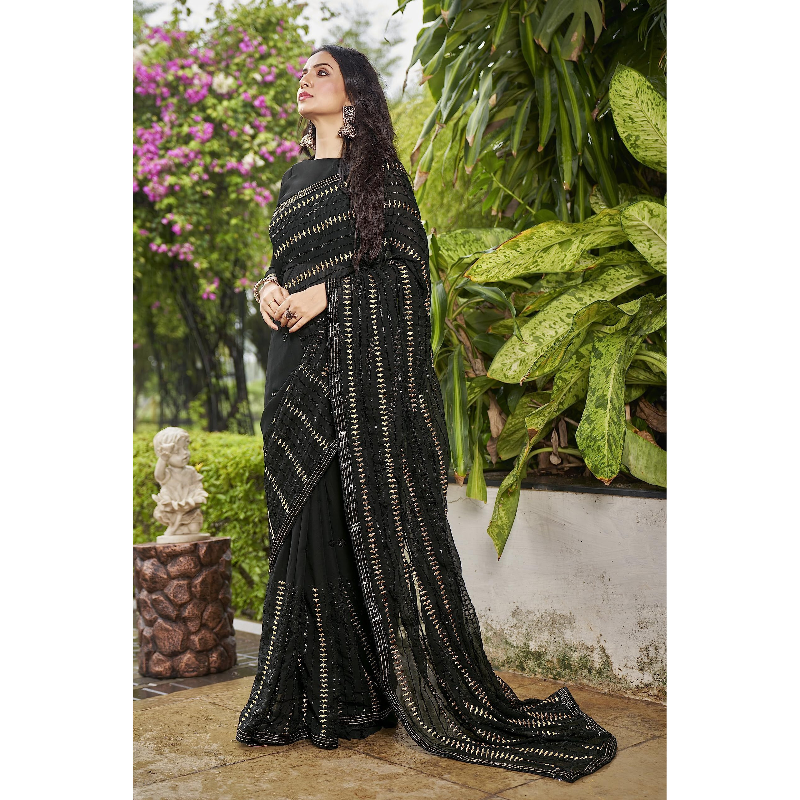 Glory Sarees Womens Georgette Sequence Saree With Blouse Piece (Sequence109_Black)