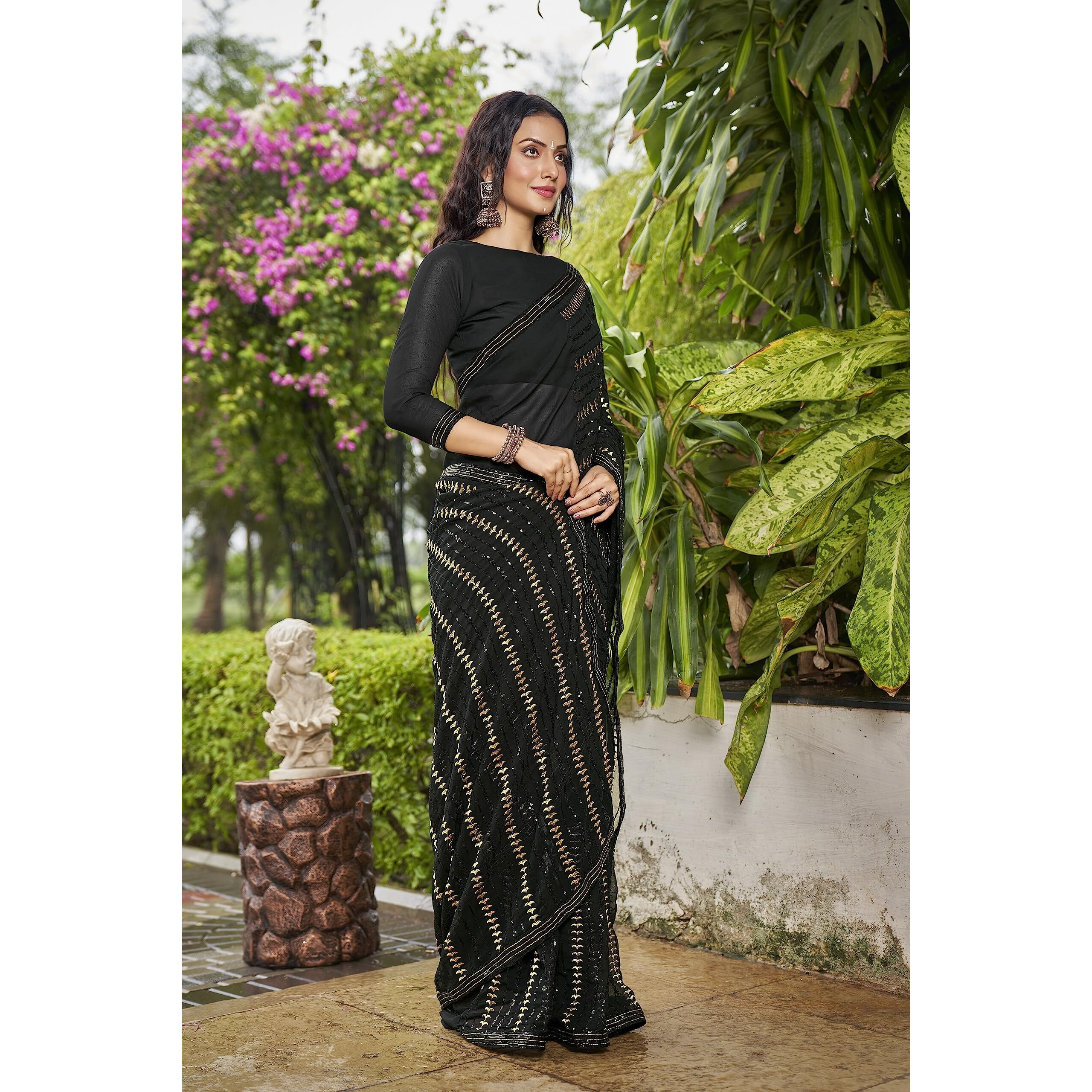 Glory Sarees Womens Georgette Sequence Saree With Blouse Piece (Sequence109_Black)