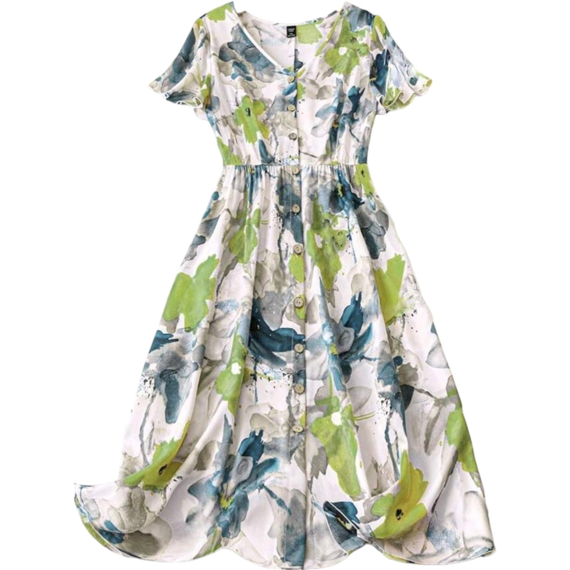 Gufrina Women's V-Neck Short Sleeve Ink Flower Print Dress - Button-Up A-Line Midi Dress (Green Xl)